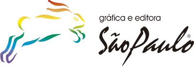 Logotipo da Gráfica e Editora São Paulo, é um coelho minimalista com as cores do arco-íris em degradê, seguido pelo nome "gráfica e editora são paulo" em preto.