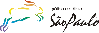 Logotipo da Gráfica e Editora São Paulo, é um coelho minimalista com as cores do arco-íris em degradê, seguido pelo nome "gráfica e editora são paulo" em preto.