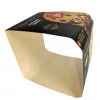 Envoltório de sorvete personalizado da Empresa Maipu, o envoltório é preto, escrito "Gourmet" em dourado, e abaixo do gourmet o sabor do sorvete que é "leite ninho trufado", tem um retângulo arrendondado no canto inferior direito, com o logotipo da Maipu, e abaixo uma bola de sorvete amarela com gotas de chocolate, a bola está caindo dentro de uma calda de chocolate, que está esparramando para cima, na parte superior também tem a mesma foto. O envoltório está fora da embalagem, plástica e e como o rótulo foi fotografado lateralmente, é possível ver a parte interna dele, na lateral esquerda.