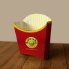 Caixa de batata fritas na cor vermelha, com detalhes em amarelo, com o logotipo do Avalaches, que é uma carinha sorridente com o nome em curva logo acima. A embalagem está em cima de uma mesa de madeira.