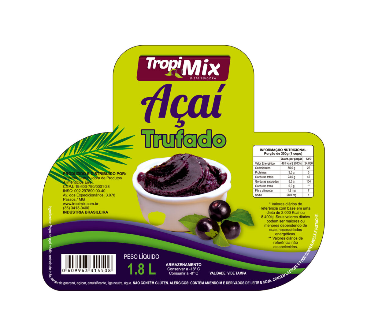 Rótulo para Pode de Açaí, verde com detalhes em roxo, com o desenho de uma folha com um pote com açaí dentro