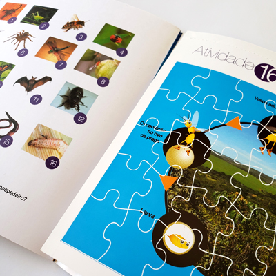Livro infantil com quebra-cabeça integrado capa e miolo coloridos título "cartilha serra da canastra" uemg passos minas gerais