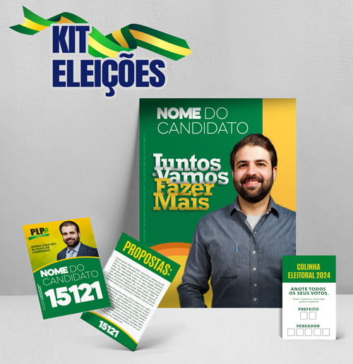 Kit Eleições - Flyer - Santinho e Colinha Eleitoral, fundo cinza com os modelos individuais de forma ilustrativa