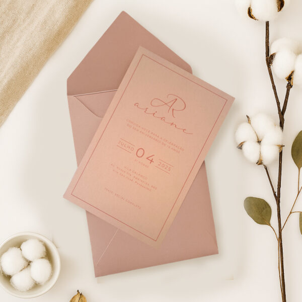 Convite de Casamento Rose Gold | Papel Metalizado e Relevo