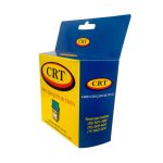 Caixa com suporte para gôndola personalizada da marca CRT, a embalagem é predominantemente azul escuro, a parte da frente é amarela com o logotipo da CRT e logo abaixo escrito 