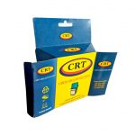 Caixa com suporte para gôndola personalizada da marca CRT, a embalagem é predominantemente azul escuro, a parte da frente é amarela com o logotipo da CRT e logo abaixo escrito 
